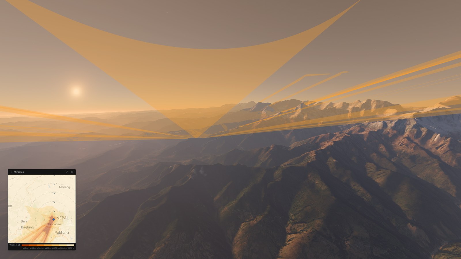 The same view with a ground radar's terrain-masked coverage volume, and a minimap of its coverage footprint