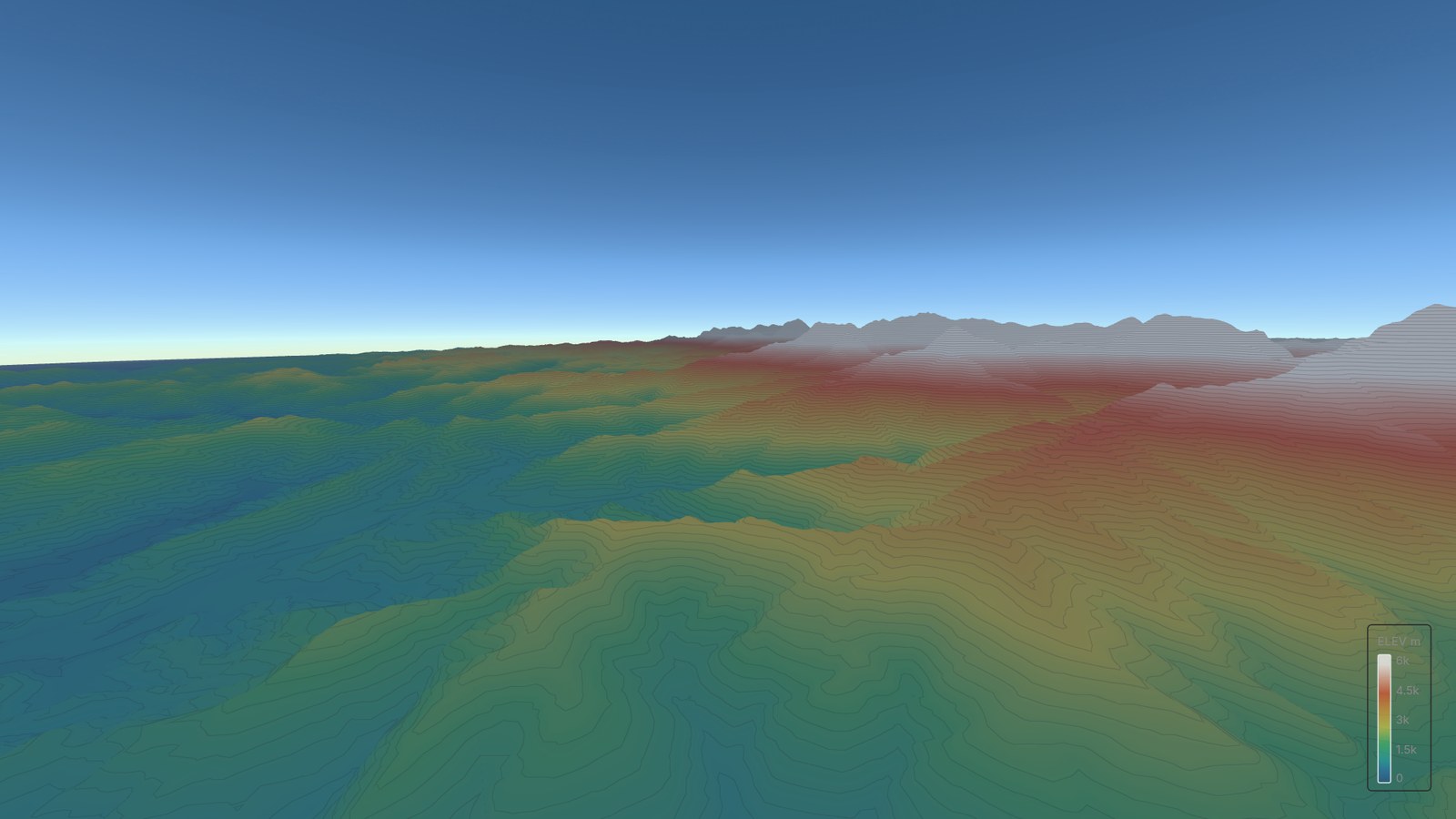 The Annapurna range as an elevation analysis, coloured by height from valley floor to snow line, with 100 m contours and an elevation key