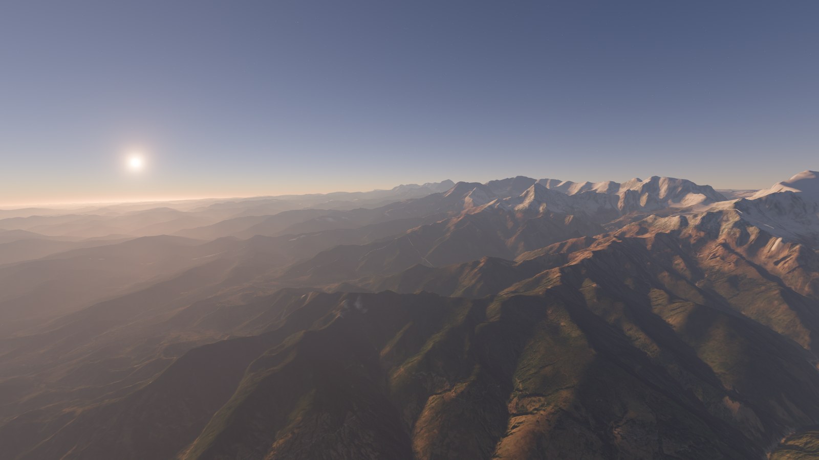 The same view rendered with satellite imagery, sky and low evening sun