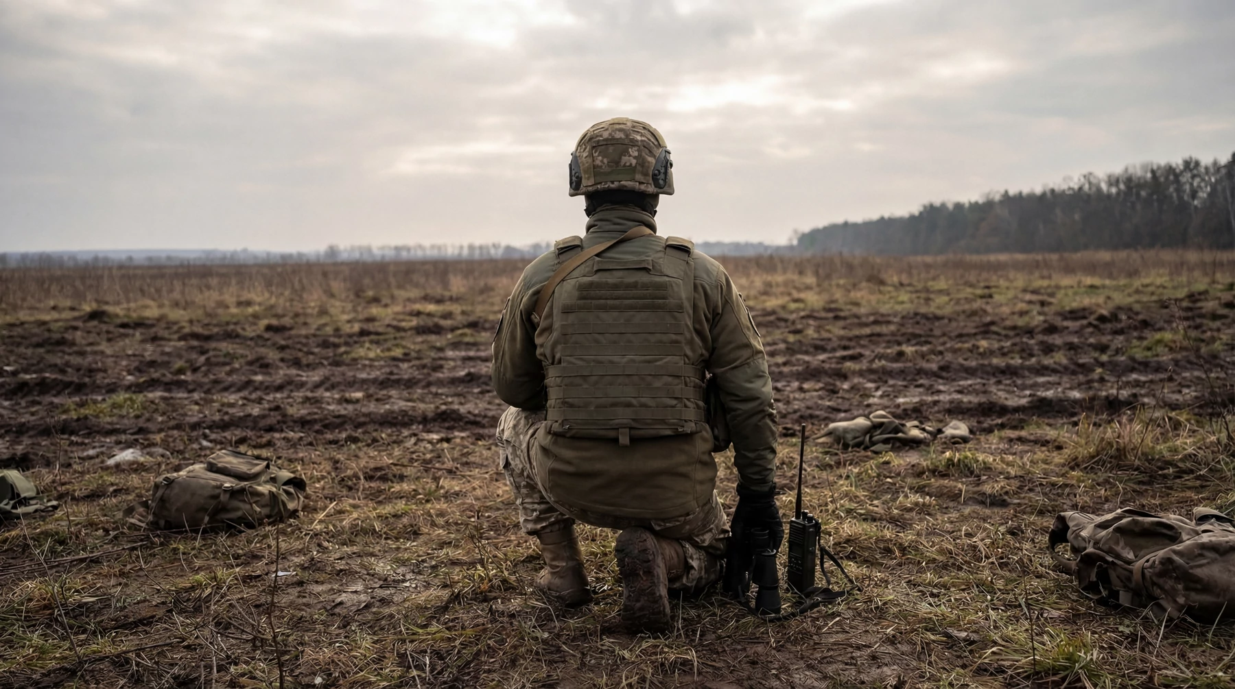 A soldier crouching in an open field with a radio beside them.